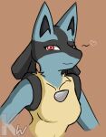 2019 anthro biped black_body black_fur blue_body blue_fur breasts brown_background bust_portrait chest_spike colored digital_drawing_(artwork) digital_media_(artwork) english_text eyelashes facial_markings featureless_breasts female fur generation_4_pokemon half-closed_eyes head_markings heart_symbol hi_res kangwolf lucario markings mask_(marking) narrowed_eyes nintendo pokemon pokemon_(species) portrait red_eyes simple_background smile smug solo spikes spikes_(anatomy) text watermark yellow_body yellow_fur