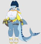 absurd_res alternate_costume anthro aquatic artist_name bandage bangs big_breasts biped blue_body blue_hair bottomwear breasts clothed clothed_anthro clothed_female clothing cosplay cropped_sweater elegg_(nikke) female fin fingers fish footwear front_view full-length_portrait gills gloves goddess_of_victory:_nikke grey_background grey_bottomwear grey_clothing grey_shorts hair handwear hi_res hotpants huge_breasts humanoid_hands hyuvevo legband long_tail looking_at_viewer markings medium_hair navel non-mammal_breasts non-mammal_navel portrait red_eyes shark shoes shorts simple_background smile solo striped_markings stripes sweater tail tail_fin text topwear valerie_(mellowcapsaicin) white_clothing white_sweater white_topwear