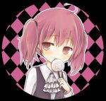  1girl :o ahoge amakaze_sora argyle_background black_vest border brown_eyes candy collared_shirt food hair_between_eyes holding holding_candy holding_food holding_lollipop lollipop long_sleeves lowres original outline parted_lips pink_hair puffy_long_sleeves puffy_sleeves round_border shirt solo swirl_lollipop twintails upper_body vest white_outline white_shirt 