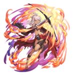  1girl artist_request belt black_panties bow_(weapon) cape chloe_von_einzbern closed_mouth dark-skinned_female dark_skin drawing_bow fate/kaleid_liner_prisma_illya fate_(series) fire flat_chest full_body game_asset grand_summoners grey_hair holding holding_bow_(weapon) holding_weapon looking_ahead navel official_art orange_eyes panties red_cape revealing_clothes simple_background solo sparkle thigh_belt thigh_strap third-party_source transparent_background underwear weapon 