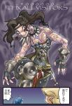  1boy 2girls adventurer_(ff11) bad_id bare_shoulders black_gloves black_hair black_mage_(final_fantasy) breasts cleavage commentary_request dated_commentary eye_trail eyes_visible_through_hair final_fantasy final_fantasy_xi fingerless_gloves full-body_tattoo gloves grin hume jewelry light_trail medium_breasts milestone_celebration multiple_girls necklace pointy_ears ponytail red_eyes smile speech_bubble tattoo thank_you tomotsuka_haruomi tooth_necklace translation_request tribal 