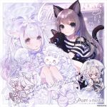  2boys 2girls :3 animal_ears anniversary black_cat black_eyes black_pants black_shirt black_shoes blush brown_hair cat cat_boy cat_ears cat_girl cat_tail chibi closed_mouth collarbone colored_inner_hair commentary_request company_name copyright_name copyright_notice countdown_illustration full_body grey_eyes grey_jacket grey_shirt halo hand_in_pocket highres holding holding_umbrella jacket leg_warmers logo multicolored_hair multiple_boys multiple_girls official_art pants paw_print purenista purple_hair rain shirt shoelaces shoes sparkle star_(symbol) striped_clothes striped_shirt tail thick_eyebrows translation_request transparent transparent_umbrella umbrella white_halo white_leg_warmers white_shirt 
