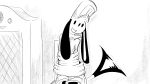 16:9 anthro bound canid canine canis chair clothing domestic_dog dragonweirdo electronics furniture hat headgear headwear hi_res male mammal military_uniform monochrome puck_(dragonweirdo) radio rope smile solo tail tail_motion tailwag tied_to_chair uniform widescreen