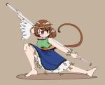  1girl :3 avian_zebra barefoot blush bo_staff bracelet breasts bright_pupils brown_background brown_hair brown_tail circlet closed_mouth commentary detached_sleeves dot_nose dress english_commentary full_body gold_circlet jewelry low_twintails medium_breasts medium_hair monkey_girl monkey_tail outstretched_arms red_eyes ruyi_jingu_bang simple_background single-shoulder_dress single_detached_sleeve smile solo son_biten stretching tail touhou twintails v-shaped_eyebrows white_pupils 