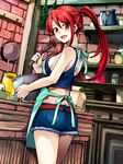  :d apron ass bad_id bad_pixiv_id bare_shoulders braid breasts chocolate cutoffs denim denim_shorts from_behind half_updo highres looking_at_viewer looking_back medium_breasts mixing_bowl open_mouth orange_eyes ponytail racoona_sheldon red_hair sekaiju_no_meikyuu shin_sekaiju_no_meikyuu shorts sideboob smile solo tank_top tubameraamen whisk 