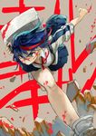  angry bag bangs bent_over blood blood_on_face blood_splatter blue_eyes blue_hair blue_skirt breasts cleavage downblouse flipped_hair foreshortening ground_shatter hair_between_eyes highres holding isaki_uta jacket kill_la_kill legs letterman_jacket looking_at_viewer matoi_ryuuko medium_breasts miniskirt multicolored_hair neck_ribbon open_clothes open_jacket outstretched_arm pleated_skirt red_hair ribbon rock running school_bag school_uniform shirt shoes short_hair skirt sleeves_rolled_up sneakers tsurime two-tone_hair 