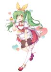  1girl :d absurdres apron blush_stickers bow clipboard commentary_request flat_chest food food_fantasy full_body gelatin green_eyes green_hair hair_bow heart heterochromia highres holding holding_plate jello_(food_fantasy) maid_apron mary_janes penny_(douding) plate red_shoes red_skirt shoes short_sleeves single_thighhigh skirt smile solo thighhighs waitress white_background 