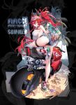  1girl bag bikini bikini_top_under_shirt bikini_under_clothes breasts crab goddess_of_victory:_nikke grey_shorts hair_between_eyes high_ponytail highres holding holding_bag large_breasts licking_lips long_hair looking_at_viewer mandrill motor_vehicle motorcycle on_motorcycle palm_tree ponytail red_hair red_hood_(nikke) sand sandals see-through_clothes shorts solo swimsuit thigh_strap tongue tongue_out tree visor_cap yellow_eyes 
