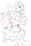  1girl :3 ;3 anyoji_hime bag bare_shoulders elbow_carry feet_out_of_frame frilled_shirt frilled_skirt frills greyscale highres looking_at_viewer love_live! love_live!_hasu_no_sora_jogakuin_school_idol_club midriff miniskirt monochrome off-shoulder_shirt off_shoulder one_eye_closed ruoguiling shirt shopping_bag simple_background sketch skirt solo spot_color unfinished v-shaped_eyebrows virtual_youtuber white_background 