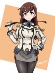  1girl absurdres black_necktie black_pantyhose brown_eyes brown_hair buttons commentary_request cosplay double-breasted epaulettes glasses gloves grey_skirt highres holding holding_riding_crop kantai_collection katori_(kancolle) katori_(kancolle)_(cosplay) long_hair military military_uniform miniskirt necktie ooi_(kancolle) pantyhose pencil_skirt riding_crop samusara skirt solo white_gloves 