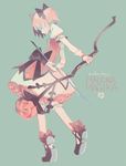  arrow black_bow bloomers blue_background bow bow_(weapon) clea closed_eyes copyright_name dress flower full_body gloves hair_bow holding holding_weapon kaname_madoka leaf legs mahou_shoujo_madoka_magica pink_hair puffy_short_sleeves puffy_sleeves rose shoe_bow shoes short_sleeves simple_background solo two_side_up underwear weapon white_gloves 