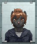 anthro bathroom black_body black_fur blokfort brown_eyes brown_hair clothing female fur hair hi_res jacket looking_at_viewer mammal mephitid mirror skunk smile solo topwear