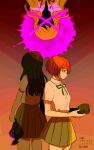  3girls black_hair blonde_hair blood camera closed_mouth collared_shirt colored_blood commentary_request crossed_out danganronpa_(series) danganronpa_2:_goodbye_despair death eyelashes freckles from_behind green_ribbon green_skirt holding holding_camera koizumi_mahiru kuzuryu_natsumi long_hair multiple_girls neck_ribbon pink_blood red_hair red_ribbon ribbon sato_(danganronpa) shinshishinc shirt short_hair short_sleeves skirt spoilers standing translation_request very_short_hair white_shirt x_(symbol) 