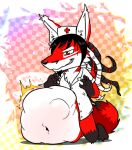 anthro barefoot belly belly_blush big_belly black_hair bloated blush body_blush body_outline bottomless braided_hair canid canine clothed clothing cross_pupils dreadlocks facial_hair fangs feet fox fur hair half-closed_eyes hand_imprint headgear headwear hi_res imprint lapfox_trax long_hair male mammal multicolored_body multicolored_fur narrowed_eyes navel nurse_clothing nurse_headwear nurse_uniform pawplants pointy_ears pseudo_hair rainbow rainbow_background red_body red_fur renard_queenston sharp_teeth shirt shirt_only simple_background smile smug_grin soft_vore solo struggling struggling_prey tail teeth tentacles topwear topwear_only uniform unseen_prey vore white_body white_fur