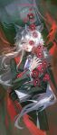  1girl animal_ears arknights black_gloves black_jacket black_skirt character_name chinese_commentary commentary_request cowboy_shot curtain_grab curtains flower flower_over_eye gloves gradient_necktie grey_hair hair_between_eyes hengxu highres jacket lappland_(arknights) lappland_the_decadenza_(arknights) long_hair long_sleeves looking_at_viewer necktie parted_lips red_flower single_glove skirt smile solo standing two-tone_necktie wolf_ears wolf_girl 