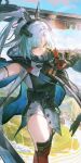  1girl absurdres animal_ears arcane_(arknights) arknights arknights:_endfield bird_ears bird_girl black_cape black_gloves blue_cape blue_eyes cape closed_mouth commentary facial_mark floating floating_object floating_weapon forehead_mark gloves grey_hair head_wings highres krin_(krinnin) kuji-in long_hair looking_at_viewer multicolored_cape multicolored_gloves red_gloves red_thighhighs solo thighhighs two-sided_cape two-sided_fabric two-sided_gloves two-tone_cape two-tone_gloves wings 