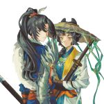  1boy 1girl absurdres black_hair blue_eyes blue_robe changmingsuo cheng_heguang chinese_commentary closed_mouth coat commentary_request feather_boa from_behind green_robe hat highres holding holding_sword holding_weapon huoxing_feimu liang_yue_(reverse:1999) liang_yue_(the_moon's_reflection)_(reverse:1999) long_hair looking_at_viewer looking_back mole mole_on_nose official_alternate_costume ponytail reverse:1999 rice_hat robe sheath sheathed single_arm_armor smile sword turning_head upper_body weapon white_background white_coat yellow_eyes 