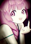  1girl absurdres black_nails blunt_bangs bocchi_the_rock! braid chromatic_aberration dark_background dress green_dress hair_over_shoulder highres hiroi_kikuri isago_ganma looking_at_viewer middle_finger open_mouth portrait purple_eyes purple_hair sharp_teeth sign single_braid solo teeth upper_teeth_only 