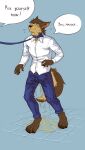 absurd_res anthro barefoot blue_background blue_bottomwear blue_clothing blue_collar blue_jeans blue_pants blush bodily_fluids bottomwear brown_body brown_fur brown_hair canid canine canis cerffou claws clothing collar command denim denim_bottomwear denim_clothing desperation dialogue dominant english_text feet fur genital_fluids hair hi_res jeans leash leashed_collar leashed_male male male_peeing mammal nero228 obedient offscreen_character offscreen_dominant omorashi pants peeing peeing_on_ground peeing_on_leg peeing_on_self peeing_on_tail peeing_through_clothing peeing_through_pants shirt simple_background solo speech_bubble stained_clothing stained_pants standing submissive submissive_anthro submissive_male tail text topwear urine urine_drip urine_on_ground urine_on_leg urine_on_self urine_on_tail urine_pool urine_stain urine_stream urine_through urine_through_clothing watersports wet wet_bottomwear wet_clothing wet_pants wetting wetting_bottomwear white_clothing white_shirt white_topwear wolf yellow_body yellow_fur yellow_urine