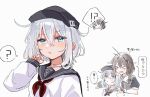  !? >_< 2girls :o ? ahoge anchor_symbol blue_eyes blush brown_hair commentary_request flat_cap gloves grey_hair hair_between_eyes hair_ornament hair_over_shoulder hair_ribbon hat hibiki_(kancolle) highres kantai_collection long_sleeves looking_at_viewer mia_umauma multiple_girls neckerchief open_mouth ribbon sailor_collar school_uniform serafuku shigure_(kancolle) simple_background speech_bubble white_background white_hair 