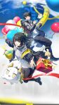  1boy 1girl :d absurdres arknights arknights:_endfield balloon black_coat black_hair black_pants black_pantyhose blue_eyes box breasts choshanland_plushy_(arknights) coat dragon_bean_(arknights) endministrator_(arknights) female_endministrator_(arknights) floating full_body gift gift_box highres holding holding_balloon hood hood_down hooded_coat male_endministrator_(arknights) medium_breasts midair no_mask offering_hand official_art open_clothes open_coat open_mouth pants pantyhose reaching reaching_towards_viewer red_ribbon ribbon shoes short_hair short_shorts shorts smile sneakers stuffed_animal stuffed_rabbit stuffed_toy sweater third-party_source too_many_balloons white_sweater 
