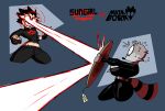 angry anthro big_breasts big_butt black_bodysuit black_clothing black_skinsuit blast blocking bodily_fluids bodysuit boots bottomwear breasts butt clothed clothing crop_top defending diegutan duo female female_anthro femme_fatale fingerless_gloves footwear fur gloves handwear hi_res human laser laser_eyes logo mammal markings nervous nervous_sweat panicked_look panicking pants pouch_(clothing) price_tag procyonid projectile_deflection raccoon raccoon_tail ring ring_(marking) ringed_tail shirt shoes side_view simple_background skinsuit small_breasts striped_markings striped_tail stripes sweat symbol tail tail_markings thief tight_clothing topwear uva_the_raccoon