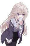  1girl ahoge black_pantyhose black_robe black_skirt blush braid commentary_request elaina_(majo_no_tabitabi) grey_hair grey_shirt hair_between_eyes highres holding holding_letter komugi_233 letter long_hair long_sleeves looking_at_viewer love_letter majo_no_tabitabi pantyhose purple_eyes robe shirt simple_background skirt solo white_background 