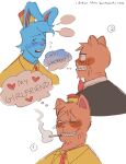 anthro blush burgerpants cigarette deltarune domestic_cat duo english_text fast_food_uniform felid feline felis heart_symbol hi_res lagomorph leporid male male/male mammal nicecream_man rabbit sillymoldo smile smirk smoking text undertale undertale_(series)