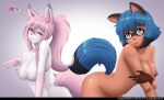 anthro areola black_ears black_nose blep blue_hair blue_tail bluesky_handle bottomwear brand_new_animal breasts brown_areola brown_markings brown_nipples cleavage clothed clothing clouddg deviantart_username dipstick_ears dipstick_hair dipstick_tail duo ear_markings facial_markings fangs female fluffy fluffy_tail fur gesture glistening glistening_areola glistening_body glistening_eyes glistening_hair glistening_lips glistening_tail gloves_(marking) gradient_background hair hand_gesture head_markings hi_res lips logo looking_at_viewer markings mask_(marking) michiru_kagemori multicolored_ears multicolored_eyes nazuna_hiwatashi newgrounds_username nipples nude pink_areola pink_hair pink_lips pink_nipples pointy_ears ponytail prick_ears simple_background smile solo studio_trigger suggestive_pose tail tail_markings tan_body teeth thick_thighs tongue tongue_out twitter_handle v_sign white_body white_fur