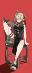 1girl ahoge bare_legs black_dress breasts chair closed_mouth commentary dress english_commentary eyewear_on_head fingernails full_body hair_over_one_eye hand_on_own_leg highres knee_up large_breasts legs looking_at_viewer nail_polish on_chair postalworks purple_eyes red_background red_nails shoes short_hair simple_background sitting sleeveless sleeveless_dress sneakers solo sweety_(zenless_zone_zero) thigh_strap thighs white_shoes zenless_zone_zero 