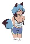 absurd_res anthro blue_hair blue_tail bottomwear brand_new_animal breasts canid canine cleavage clothed clothing coy dark_ears dextrose_(artist) dipstick_hair dipstick_tail facial_markings female fluffy fluffy_tail glistening glistening_hair glistening_tail hair hand_behind_back head_markings hi_res looking_at_viewer mammal markings mask_(marking) michiru_kagemori midriff multicolored_eyes navel off_shoulder raccoon_dog shorts signature solo studio_trigger tail tail_markings tan_body tanuki