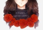  1girl artist_name black_sclera brown_hair closed_mouth colored_sclera commentary english_commentary english_text eyes_out_of_frame flower head_out_of_frame keycrash kurashiki_akane kyokugen_dasshutsu kyokugen_dasshutsu:_9_jikan_9_nin_9_no_tobira lips long_hair red_flower red_rose rose second-party_source simple_background solo source_quote spoilers white_background 