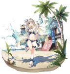  1girl ankle_ribbon arm_up armor banner beach beach_house beach_umbrella bikini bird blue_bikini commentary criss-cross_halter english_commentary food gauntlets gold_trim hair_ribbon halterneck highres jacket leg_ribbon miyase_mahiro nobori o-ring o-ring_thigh_strap palm_tree pauldrons ribbon sandals seagull see-through_clothes see-through_jacket sennen_sensou_aigis shaved_ice shoulder_armor side-tie_bikini_bottom single_gauntlet single_pauldron solo standing standing_on_one_leg swimsuit thigh_strap tram_(sennen_sensou_aigis) tree umbrella 