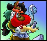 2009 anthro aquatic big_breasts black_hair blue_eyes bottomwear breasts brown_body brown_fur canid canine canis clothing controller coyote crop_top digital_media_(artwork) duo electronics female fur game_console game_controller hair headgear headwear june_coyote male mammal muscular muscular_anthro muscular_male nintendo nintendo_controller one_eye_closed pinniped seal shirt shorts teal_hair topwear travis_seal virus-20 wii wii_remote