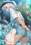  1girl absurdres arms_behind_back ass barefoot bra_strap character_request commentary_request copyright_request day denim denim_skirt dutch_angle feet fingernails foot_out_of_frame foreshortening forest from_behind grey_hair highres kicking leg_up looking_at_viewer looking_back miniskirt mole mole_under_mouth nature open_mouth outdoors panties panty_peek pantyshot pocket ponytail river rock shiroyu shirt short_hair short_sleeves sideways_mouth skirt soles solo splashing summer tied_shirt toes tree turning_head underwear visor_cap wading water water_drop white_panties white_shirt yellow_eyes 