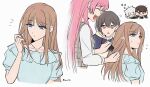  5girls bang_dream! bang_dream!_it's_mygo!!!!! blue_eyes blue_hoodie blue_shirt brown_hair brushing_another's_hair brushing_hair chihaya_anon closed_mouth comb commentary_request dress earrings fang grey_dress grey_hair highres holding holding_comb hood hood_down hoodie jewelry kana1782 kaname_raana logo long_hair messy_hair mole mole_under_eye multiple_girls mygo!!!!!_(bang_dream!) nagasaki_soyo necklace open_mouth pinafore_dress pink_hair purple_eyes shiina_taki shirt sidelocks simple_background single_earring sleeping sleeveless sleeveless_dress takamatsu_tomori thai_commentary white_background white_shirt 