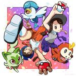  1boy 1girl black_socks blue_hat braid brown_eyes brown_hair brown_shoes child clenched_hand closed_mouth commentary_request eyelashes florian_(pokemon) fuecoco grey_hat grey_shirt hat highres holding holding_poke_ball juliana_(pokemon) kuroki_shigewo naranja_academy_school_uniform necktie orange_necktie orange_shorts poke_ball poke_ball_(basic) pokemon pokemon_(creature) pokemon_scarlet_and_violet purple_necktie purple_shorts quaxly revision school_uniform shirt shoes short_hair short_sleeves shorts single_braid smile socks sprigatito starter_pokemon_trio uva_academy_school_uniform white_shirt 