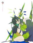  1girl arknights bare_shoulders black_hair black_jacket crystal dress full_body green_dress green_eyes green_hair highres jacket long_sleeves looking_at_viewer mon3tr_(arknights) multicolored_hair simple_background sitting sleeves_past_fingers sleeves_past_wrists smile solo thigh_strap uni483569 white_background 