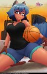 anthro arm_tuft ball barefoot basketball_(ball) black_clothing black_ears black_shirt black_tank_top black_topwear blue_bottomwear blue_clothing blue_hair blue_shorts bluesky_handle bottomwear brand_new_animal breasts canid canine chain-link_fence chest_tuft city city_background claws clothing clouddg deviantart_username dipstick_hair dipstick_tail facial_markings feet female fence finger_claws glistening glistening_body glistening_lips glistening_skin gloves gloves_(marking) hair handwear head_markings holding_ball holding_object kneeling leg_markings lips logo looking_at_viewer mammal markings mask_(marking) michiru_kagemori multicolored_eyes newgrounds_username pointy_ears prick_ears raccoon_dog shirt shorts shoulder_tuft signature smile smiling_at_viewer socks_(marking) solo spread_legs spreading studio_trigger tail tail_markings tan_body tan_skin tank_top tanuki topwear tuft twitter_handle