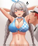  1boy 1girl 1nilla' aqua_bikini armpit_focus armpits bikini blue_eyes braid breasts captain_(honkai_impact) cleavage collarbone commentary english_commentary highres honkai_(series) honkai_impact_3rd jewelry kiana_kaslana kiana_kaslana_(sunny_beach) large_breasts licking licking_armpit long_hair looking_at_viewer navel necklace solo_focus swimsuit twin_braids upper_body white_hair 