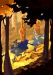  2boys autumn_leaves blue_cape cape conical_hat forest full_body gaiaayres hat highres leaf male_focus multiple_boys nature olruggio_(tongari_boushi_no_atelier) outdoors outstretched_arms qifrey_(tongari_boushi_no_atelier) short_hair spread_arms tongari_boushi_no_atelier tree white_cape white_hair wide_shot wizard_hat 