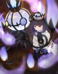  1girl 517pomme arched_crown black_dress black_hair black_ribbon blue_gloves blunt_bangs blurry chandelure closed_mouth coat commentary_request crown dress eyelashes fire floating gloves grey_eyes gwynn_(pokemon) hat highres long_hair long_sleeves mega_chandelure neck_ribbon open_clothes open_coat pantyhose pokemon pokemon_(creature) pokemon_legends:_z-a purple_fire revision ribbon white_coat 