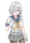  1girl 30-06 black_pantyhose blue_eyes blue_sailor_collar breasts contrapposto cowboy_shot gloves grey_hair grey_skirt hair_ornament hairclip hamakaze_(kancolle) highres kantai_collection looking_at_viewer neckerchief pantyhose pleated_skirt sailor_collar sailor_shirt school_uniform serafuku shirt short_hair simple_background skirt solo white_background white_gloves white_shirt yellow_neckerchief 