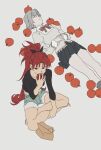  2girls alternate_hair_color apple bag black_bow black_shirt black_skirt bow bowtie collar collarbone commentary eating food from_above fruit green_shorts grey_background grey_hair grey_sweater hair_bow high_collar highres holding holding_food holding_fruit indian_style long_hair long_sleeves mahou_shoujo_madoka_magica mahou_shoujo_madoka_magica_(anime) miki_sayaka mitakihara_school_uniform multiple_girls paper_bag ponytail red_bow red_bowtie red_hair sakura_kyoko school_uniform shirt short_hair short_shorts shorts simple_background sitting skirt sweater tie_(ken59956407) untranslatable_commentary white_collar 