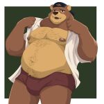1:1 absurd_res anthro arches_(game) backwards_baseball_cap backwards_hat baseball_cap bear belly belly_fur black_nose brown_body brown_fur bulge chest_exposed chest_fur clothed clothing devon_ortega echo_(series) echo_project facial_markings fur hat head_markings headgear headwear hi_res looking_at_viewer male mammal markings moobs muzzle_(marking) navel nicob04 nipples open_clothing open_mouth open_shirt open_topwear overweight overweight_anthro overweight_male shirt simple_background slightly_chubby solo tan_body tan_fur topwear underwear