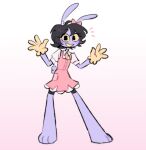 anthro black_hair bob_cut bow_(feature) clothing dress female glitch_productions gloves gooseworx's_post-transition_jax_design gradient_background hair handwear hi_res jax_(tadc) lagomorph leporid mammal melifloppy pink_clothing pink_dress purple_body rabbit rabbit_ears scut_tail short_tail simple_background smile smiling_at_viewer solo tail the_amazing_digital_circus trans_(lore) trans_woman_(lore) yellow_clothing yellow_gloves yellow_handwear yellow_neckwear yellow_sclera