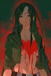 111wyl 1girl batman_(series) batman_symbol black_hair blue_eyes bodypaint breasts brown_jacket cleavage commentary_request dc_comics genderswap genderswap_(mtf) highres jacket jason_todd large_breasts long_hair no_bra open_clothes pants red_hood_(dc) red_hood_and_the_outlaws simple_background solo 