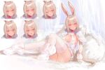 1girl animal_ears blush boots bow bowtie breasts breasts_apart brown_hair commentary garter_straps gloves highres lace-trimmed_thighhighs lace_trim long_hair looking_at_viewer maido_mido medium_breasts mole mole_under_eye multiple_expressions original panties pantyshot pink_bow pink_bowtie pink_eyes rabbit_ears sidelocks solo thighhighs underwear very_long_hair white_boots white_gloves white_panties white_thighhighs 