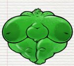 anthro belly big_breasts breasts eyes_closed female genitals green_body hands_behind_head inverted_nipples nipples obese obese_female overweight overweight_female plump_labia slime slimey_art solo thick_thighs vulva wide_hips