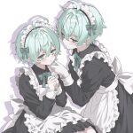  0di0niku_512 2boys absurdres ahoge apron black_dress blush bow bowtie brothers closed_mouth collared_dress commentary_request crossdressing crossdressing_(mtf) dress green_bow green_bowtie green_eyes green_hair hair_between_eyes hand_on_another's_face highres looking_at_viewer maid maid_apron maid_headdress male_focus male_maid multiple_boys original short_hair siblings simple_background twins white_apron white_background 